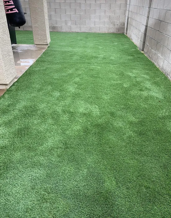 A large artificial grass section covering the entire backyard with small concrete patio to the side. The backyard had yard maintenance done because of the clean grass turf.