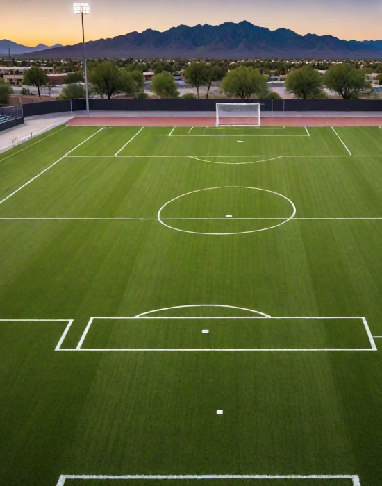 An overhead shot of an artificial turf soccer field in the foreground with the desert city landscape and mountains in the background.