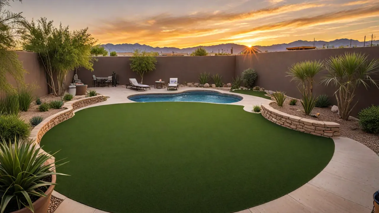 A scenic shot of a backyard with a large circular artificial grass lawn in the center with a small pool behind it, and the sun setting in the background.