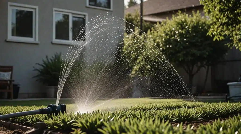 Water sprays upward from a compact irrigation system, in need of arn irrigation diagnostic, onto a grassy backyard, with a gray house and trees visible behind.