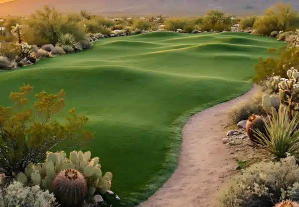 Tucson golf course with lush green artificial grass fairways in desert terrain.
