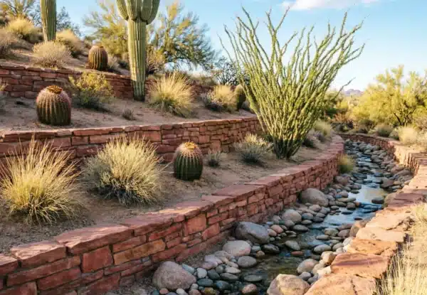 Tiered stone retaining walls with desert landscaping, cacti, and rock-lined drainage channel.