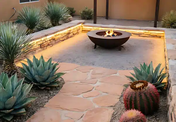 Tucson desert patio with fireplace in the center and surrounded by agave, cacti, and ambient lighting.