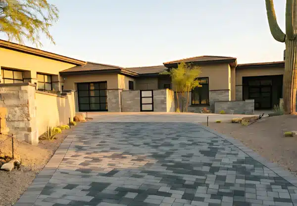 Modern residential driveway with decorative interlocking paver installation in gray tones at desert home.