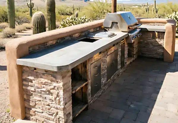 Tucson custom outdoor kitchen with stone construction, built-in grill, and native saguaro cacti in desert landscape.