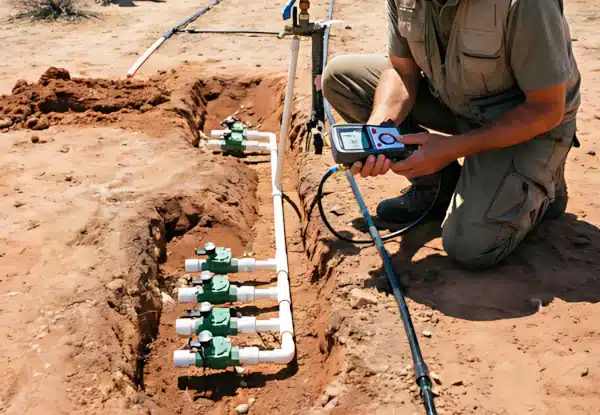 Technician performing irrigation diagnostic testing on exposed irrigation valves and piping system using digital meter in the desert landscape.