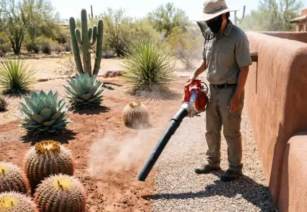Yard maintenance worker using a leaf blower to clear dust from gravel in a desert garden with cacti and adobe fences in the background.