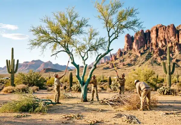 Tucson landscaping crew maintaining the desert by tree trimming native trees in red rock landscape.